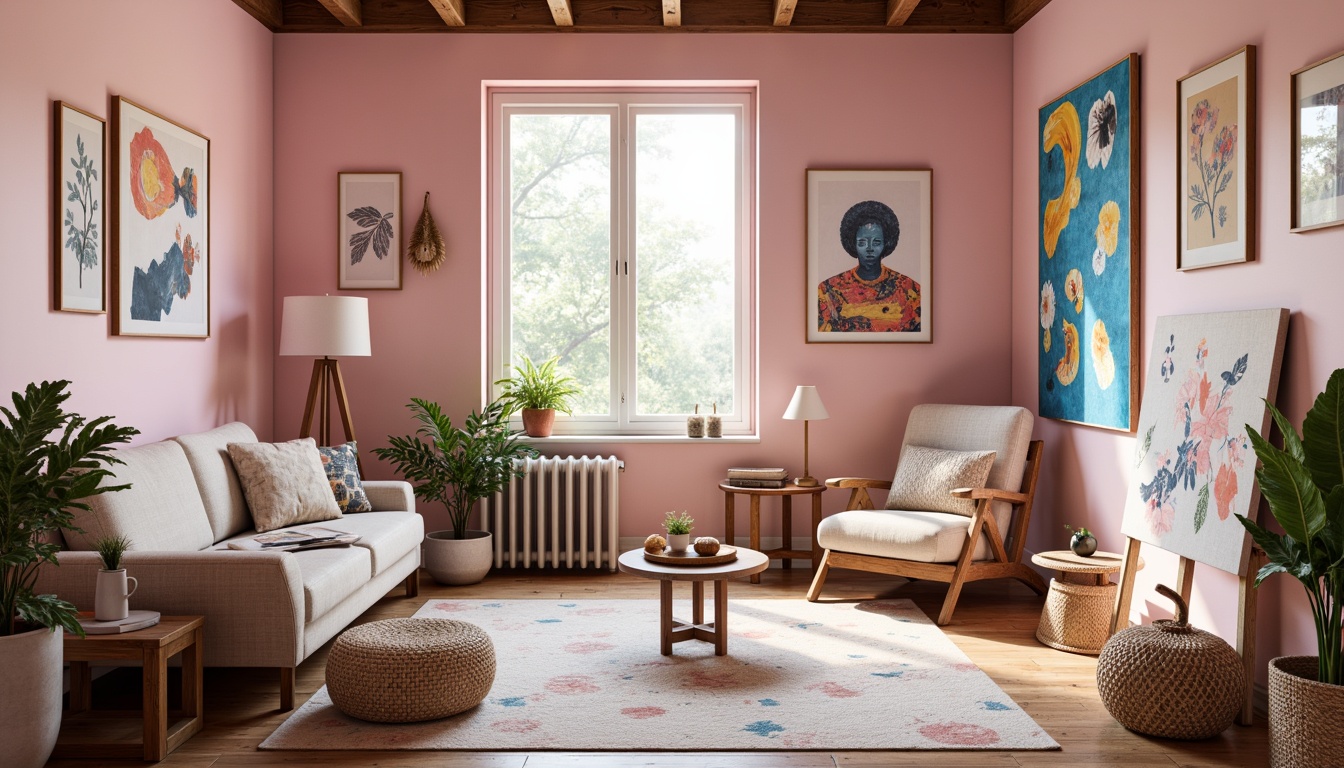 Prompt: Vibrant art studio, eclectic furniture, abstract artwork, pastel color scheme, soft pink hues, calming blue tones, creamy white accents, rich wood textures, natural fabrics, bohemian-inspired decor, earthy tones, organic shapes, whimsical patterns, warm ambient lighting, shallow depth of field, 1/1 composition, intimate atmosphere, realistic renderings, subtle gradient effects.