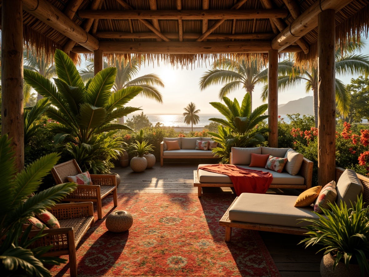 Prompt: Warm tropical ambiance, soft golden lighting, lush greenery, exotic plants, natural textures, woven bamboo furniture, rustic wooden accents, vibrant colorful textiles, intricate geometric patterns, ambient occlusion, shallow depth of field, 1/2 composition, warm color palette, cozy intimate spaces, relaxing atmosphere, sunset-inspired hues, gentle breeze, tropical flowers, palm trees, ocean views, beachy vibes.