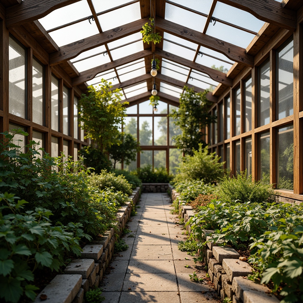 Prompt: Rustic wooden greenhouse, lush greenery, vines crawling, earthy tones, natural stone foundation, sloping roofs, clerestory windows, skylights, transparent glass walls, steel frames, distressed wood accents, vintage metal hardware, warm golden lighting, soft diffused light, shallow depth of field, 1/1 composition, symmetrical view, realistic textures, ambient occlusion.