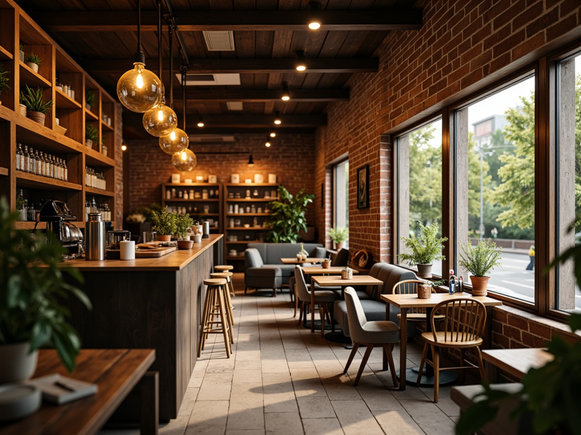 Prompt: Cozy coffee shop, industrial chic decor, reclaimed wood accents, Edison bulb pendant lights, warm yellow lighting, softbox window displays, vintage metal lanterns, rustic brick walls, comfortable seating areas, lush greenery, natural textiles, earthy color palette, afternoon warm glow, shallow depth of field, 1/2 composition, realistic textures, ambient occlusion.