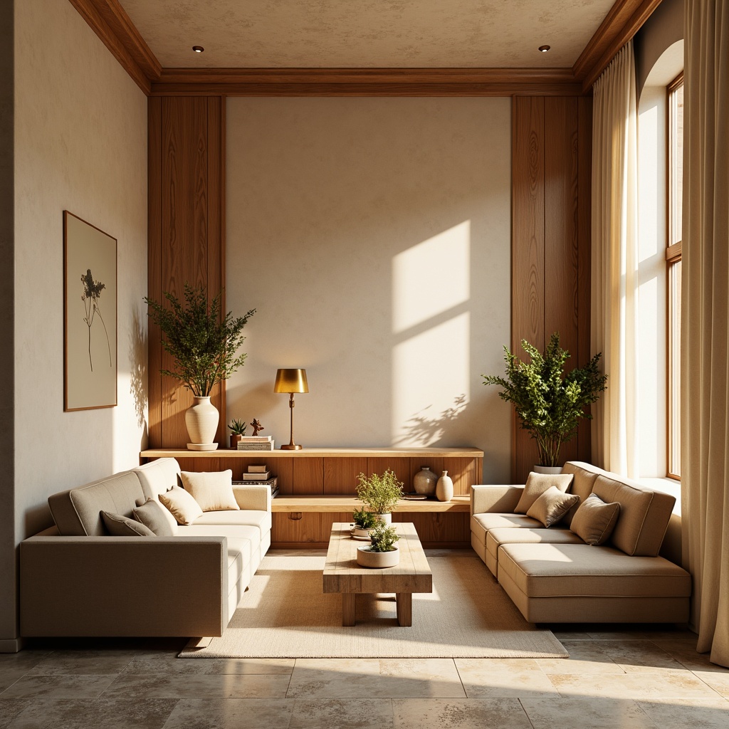 Prompt: Cozy living room, warm beige walls, rich wood accents, plush velvet sofas, golden lighting fixtures, soft cream curtains, natural stone flooring, minimalist decor, calming atmosphere, warm sunny day, shallow depth of field, 3/4 composition, realistic textures, ambient occlusion.