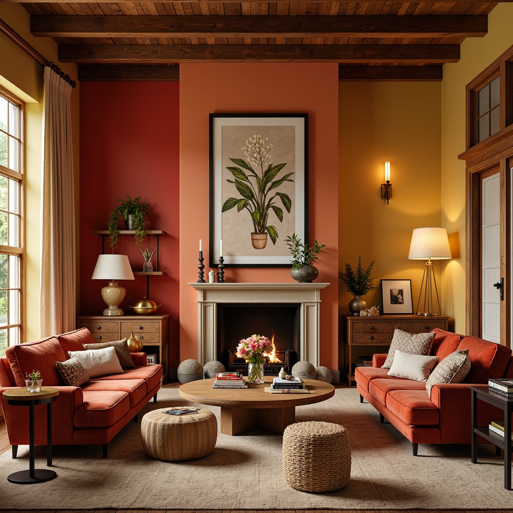 Prompt: Vibrant living room, bold accent walls, rich wooden furniture, plush velvet sofas, metallic gold decor, warm beige carpets, soft cream curtains, natural stone fireplace, ambient floor lamps, cozy reading nooks, abstract artwork, eclectic decorative accessories, warm golden lighting, shallow depth of field, 2/3 composition, realistic textures, subtle color gradients.