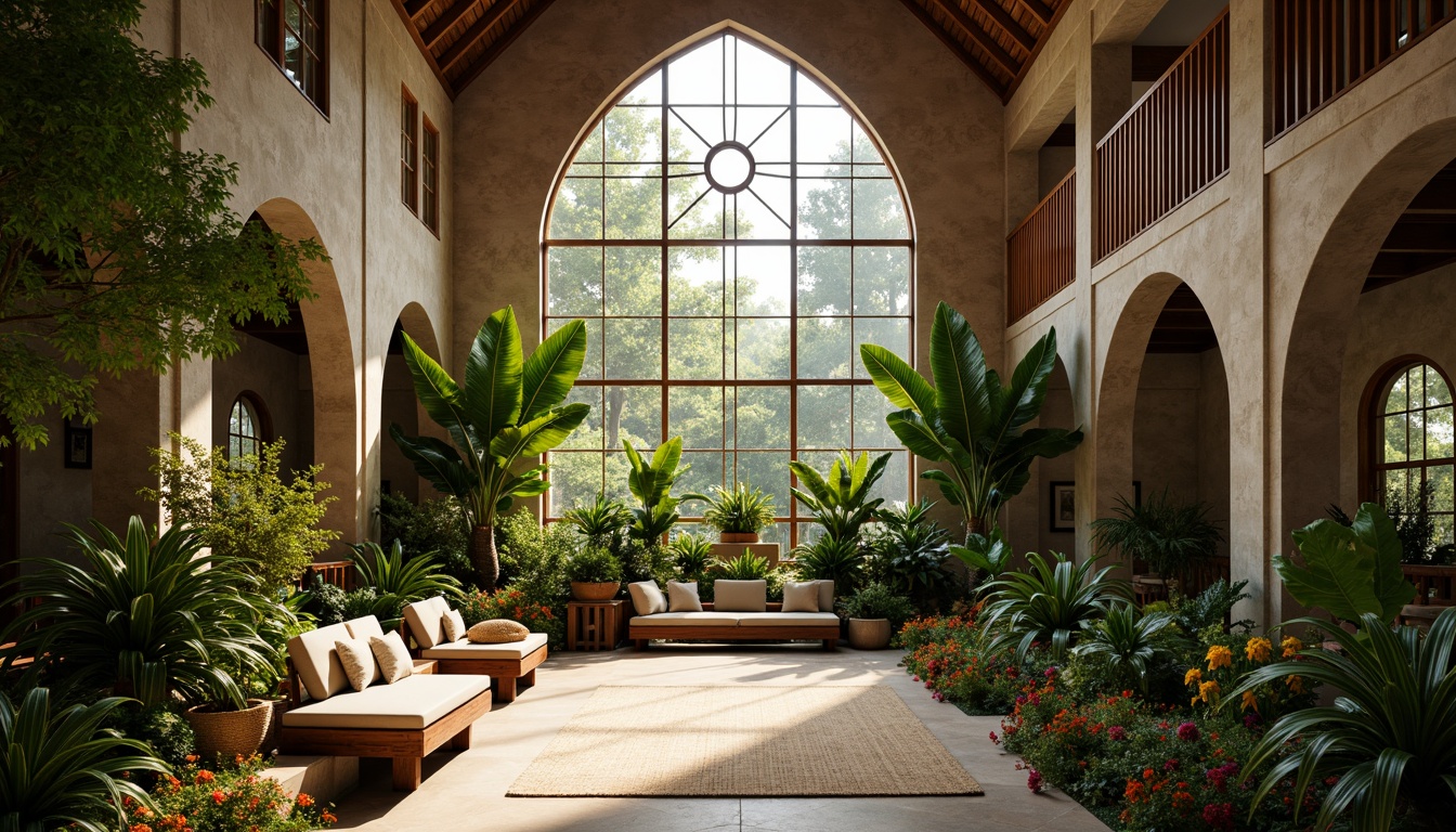 Prompt: Serene monastery interior, tropical plant species, natural stone walls, wooden accents, vaulted ceilings, stained glass windows, warm soft lighting, diffused sunlight, lush greenery, exotic flowers, rustic wooden benches, woven textiles, earthy color palette, calming atmosphere, minimalist decor, subtle shading, 1/1 composition, realistic textures, ambient occlusion.