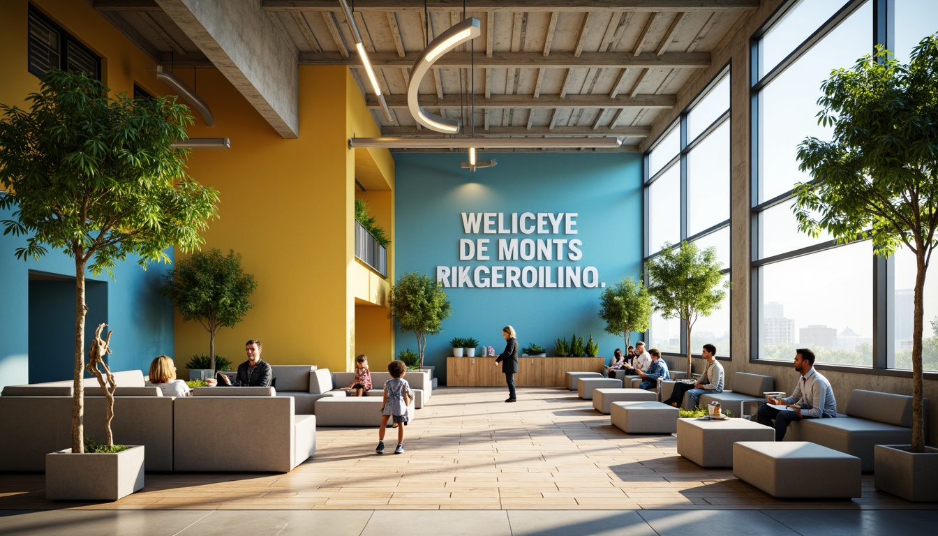 Prompt: Vibrant educational atmosphere, harmonious color palette, calming blue tones, stimulating yellow accents, earthy brown hues, inspirational greenery, motivational quotes, modern minimalist furniture, sleek metallic fixtures, natural wood textures, abundant daylight, soft warm lighting, shallow depth of field, 3/4 composition, realistic renders.