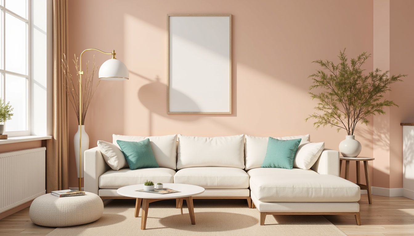 Prompt: Pastel-hued interior design, soft peach walls, creamy white furniture, warm beige flooring, natural wood accents, elegant gold lighting fixtures, calming turquoise decorative accessories, serene ambiance, gentle color transitions, 3/4 composition, shallow depth of field, soft focus, realistic textures, ambient occlusion.