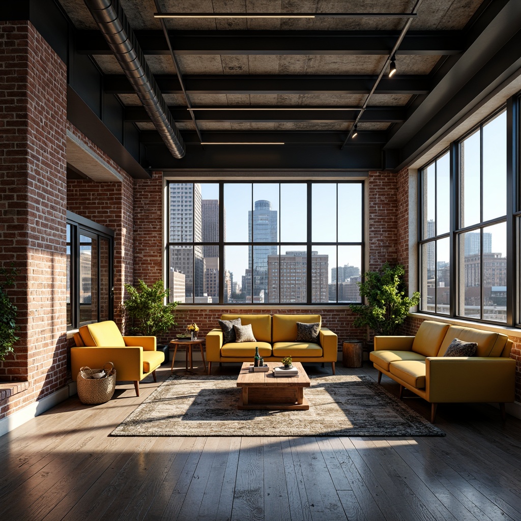 Prompt: Industrial chic loft, exposed brick walls, metal beams, reclaimed wood floors, modern minimalist furniture, rich industrial colors, deep blues, warm neutrals, earthy tones, pops of vibrant yellow, natural light pouring in, large windows, urban cityscape views, dramatic shadows, high contrast lighting, 2/3 composition, atmospheric perspective.