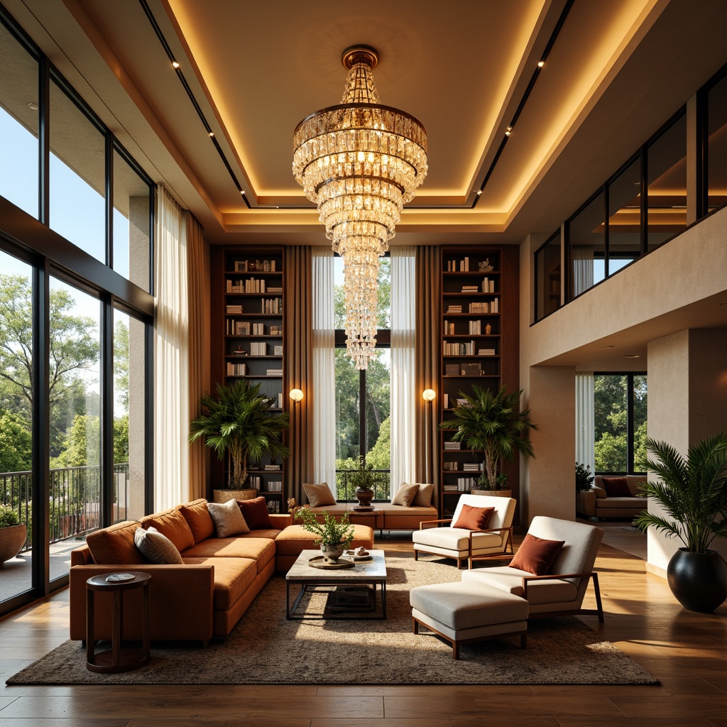 Prompt: Luxurious living room, lavish chandeliers, crystal pendant lights, elegant sconces, ornate metal fixtures, warm golden lighting, plush velvet sofas, rich wood flooring, marble coffee tables, sophisticated modern architecture, floor-to-ceiling windows, sheer curtains, vibrant greenery, cozy reading nooks, warm beige walls, soft diffused lighting, 1/2 composition, intimate atmosphere, realistic textures, subtle ambient occlusion.