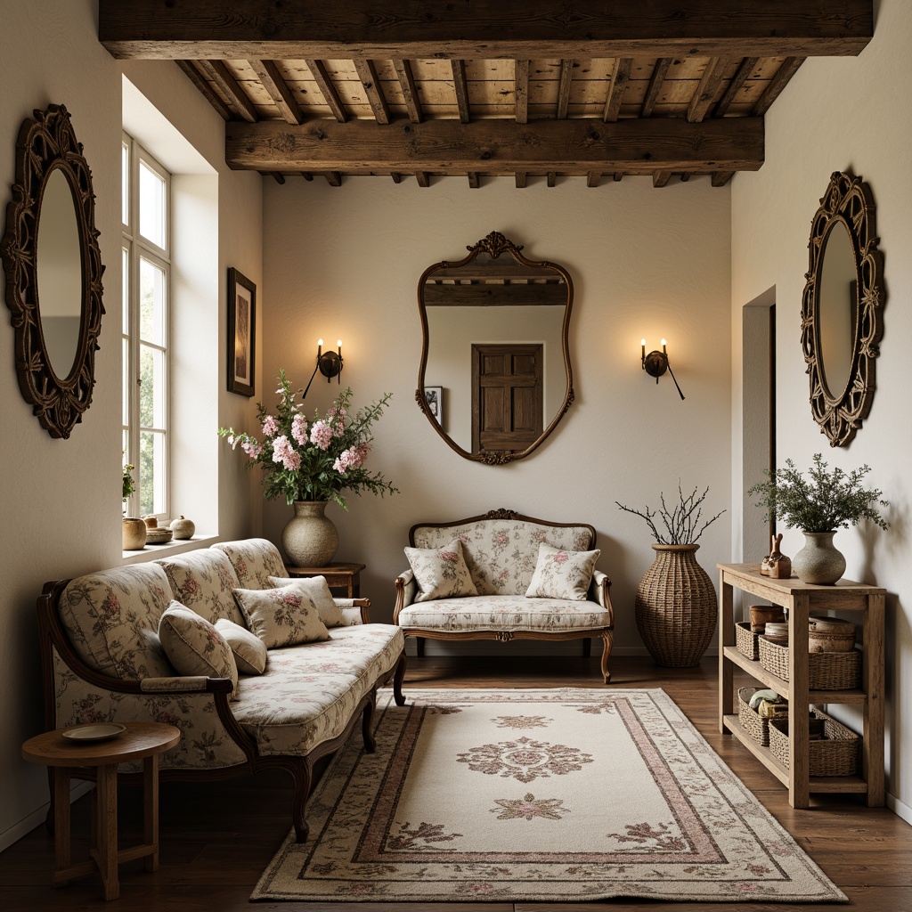 Prompt: Rustic French country interior, distressed wooden beams, soft cream walls, vintage furniture, ornate mirrors, floral patterns, natural linen fabrics, woven baskets, earthy tones, warm candlelight, shallow depth of field, 1/1 composition, intimate atmosphere, realistic textures, ambient occlusion.