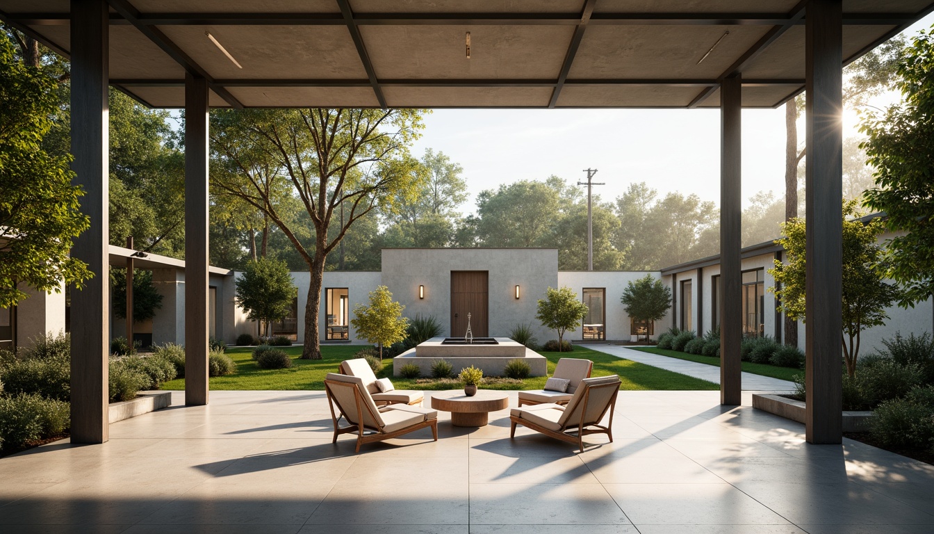 Prompt: Minimalist pavilion, open floor plan, high ceilings, natural light pouring in, sleek metal beams, polished concrete floors, minimalist decor, sparse furniture, green roof, surrounding trees, serene atmosphere, warm sunlight, soft shadows, shallow depth of field, 1/1 composition, realistic textures, ambient occlusion.