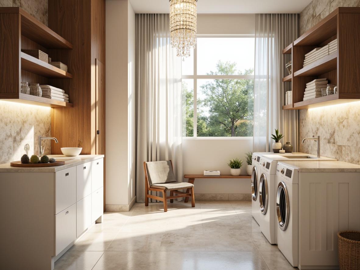 Prompt: Elegant laundry room, marble countertops, soft white cabinetry, warm beige flooring, rich walnut accents, crystal chandelier, LED under-cabinet lighting, sleek chrome faucets, minimalist design, calming atmosphere, natural stone walls, floor-to-ceiling windows, abundant daylight, gentle warm illumination, 1/1 composition, shallow depth of field, realistic textures, ambient occlusion.