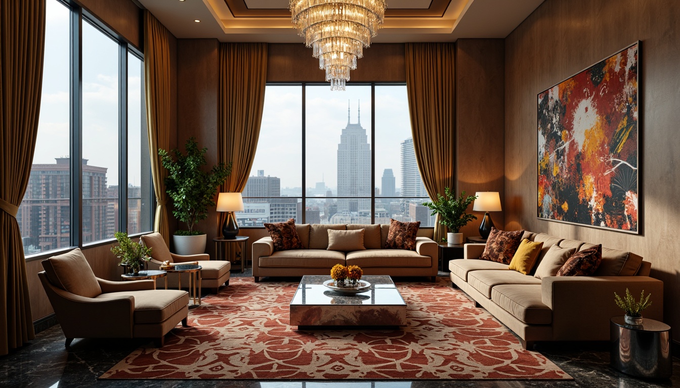 Prompt: Luxurious penthouse apartment, Art Deco inspired furniture, metallic accents, ornate patterns, luxurious fabrics, velvet sofas, chrome coffee tables, geometric rugs, sunburst mirrors, crystal chandeliers, marble floors, high ceilings, floor-to-ceiling windows, city skyline views, golden lighting fixtures, rich wood tones, abstract artwork, bold color schemes, sleek lines, sophisticated ambiance, dramatic staircases, lavish master bedrooms, spa-inspired bathrooms, panoramic city views, warm atmospheric lighting, shallow depth of field, 2/3 composition.