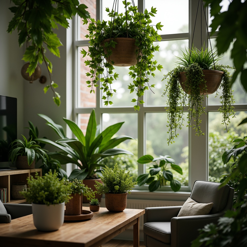 Prompt: Lush greenery, natural ambiance, living room decor, potted plants, hanging baskets, trailing vines, leafy textures, earthy tones, wooden planters, minimalist vases, urban jungle feel, air-purifying benefits, calming atmosphere, warm soft lighting, shallow depth of field, 1/1 composition, realistic renderings, ambient occlusion.