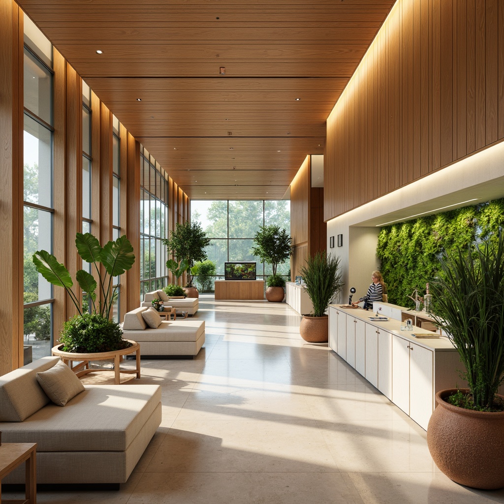 Prompt: Calming healthcare facility, natural wood accents, soothing color palette, soft warm lighting, comfortable furniture, acoustic ceiling panels, sound-absorbing materials, peaceful aquariums, lush green walls, air-purifying plants, non-toxic flooring, calming water features, serene outdoor gardens, gentle breezes, organic textures, minimalist decor, ergonomic design, warm beige tones, creamy whites, natural stone surfaces, earthy terracotta pots.