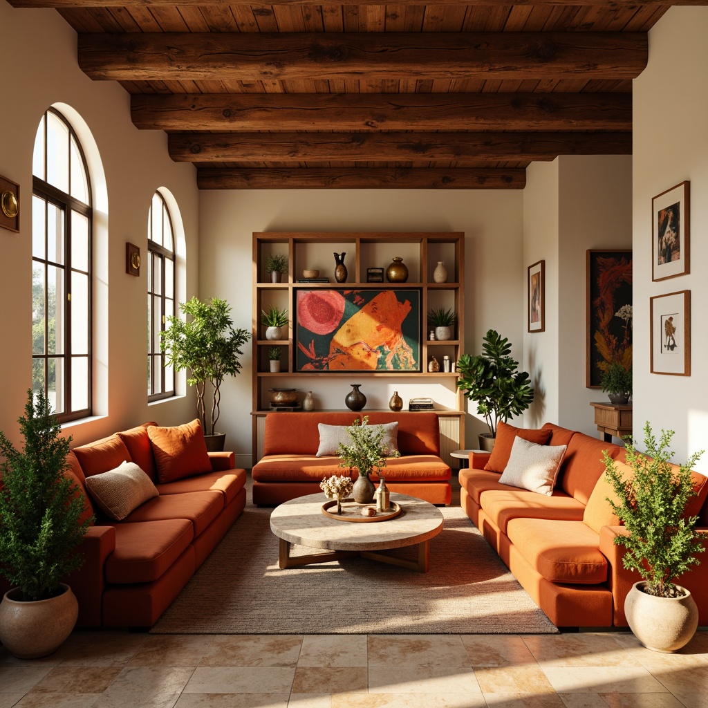 Prompt: Vibrant living room, warm beige walls, rich walnut furniture, plush velvet sofas, golden lighting fixtures, bold abstract artwork, natural stone flooring, earthy terracotta pots, lush greenery, soft morning light, shallow depth of field, 1/2 composition, realistic textures, ambient occlusion.