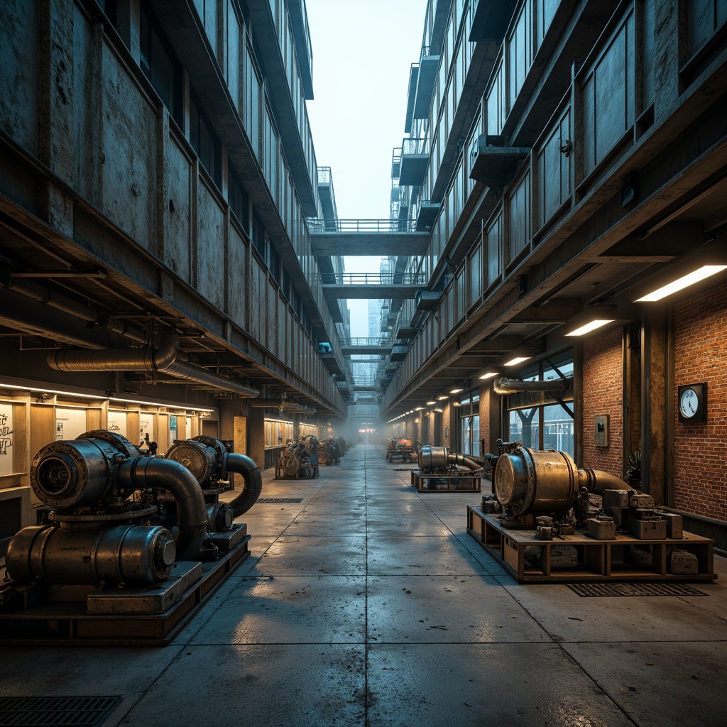 Prompt: Industrial factory setting, metallic machinery, exposed pipes, concrete floors, steel beams, futuristic control panels, neon-lit catwalks, elevated walkways, massive turbines, industrial lighting fixtures, rugged brick walls, distressed metal textures, urban cityscape backdrop, misty atmosphere, high-contrast shadows, dramatic spotlighting, 1-point perspective composition, cinematic mood, gritty realistic rendering.