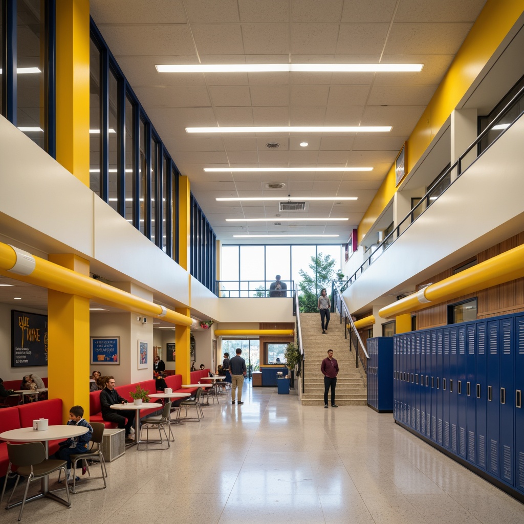 Prompt: Vibrant high school campus, bold academic colors, navy blue lockers, bright yellow accents, warm beige hallways, rich wood tones, energetic red furniture, soft cream walls, modern glass partitions, sleek metal railings, inspiring quotes, motivational posters, youthful energy, dynamic lighting, shallow depth of field, 3/4 composition, realistic textures, ambient occlusion.