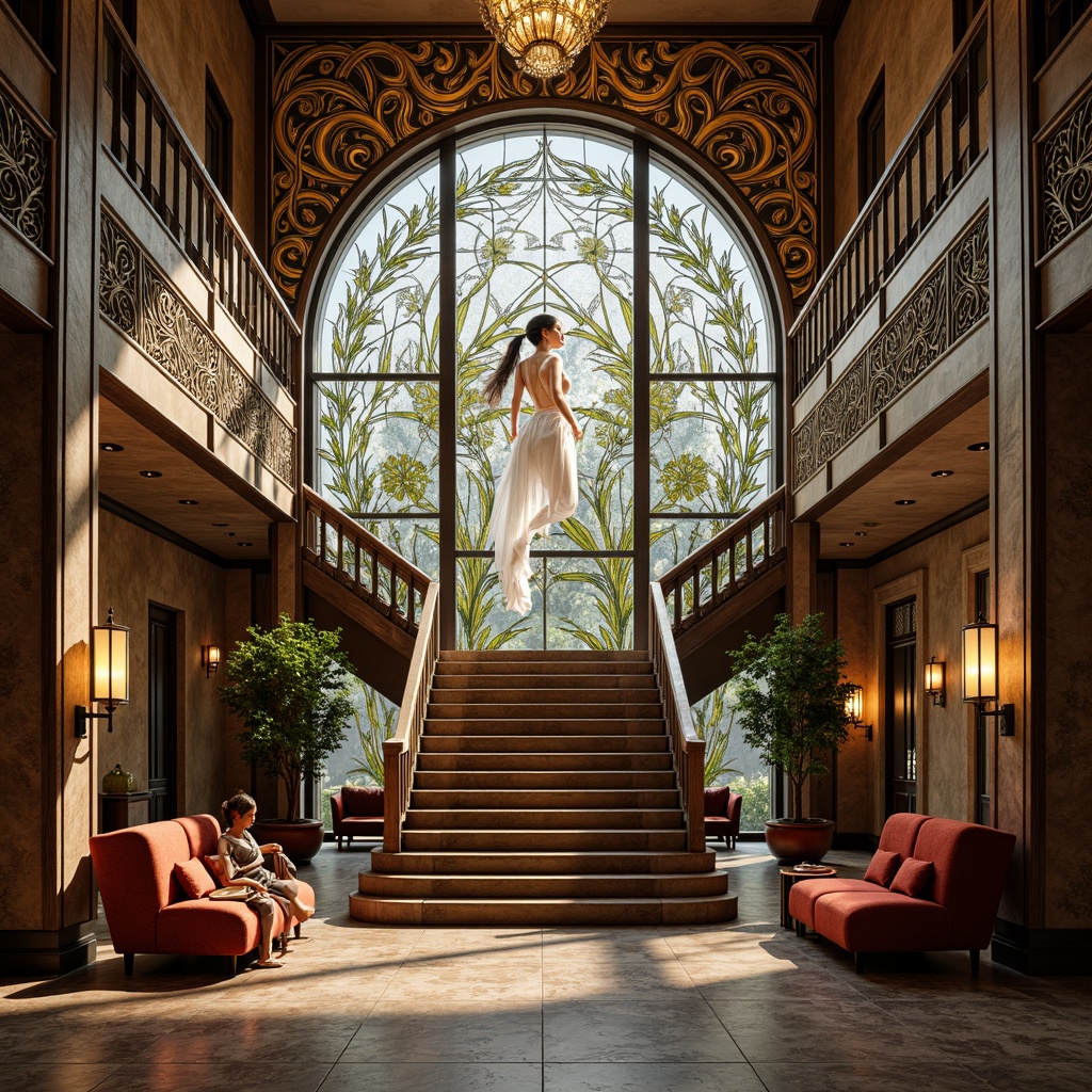 Prompt: Intricate ornate details, flowing curvilinear forms, luxurious gold accents, stained glass windows, sinuous metalwork, botanical motifs, delicate tendrils, whiplash lines, sensual feminine figures, dreamy ethereal atmosphere, soft warm lighting, shallow depth of field, 3/4 composition, panoramic view, realistic textures, ambient occlusion, ornate furniture, velvet drapes, rich wooden paneling, mosaic tiles, Art Nouveau architecture, grand staircase, opulent chandeliers.