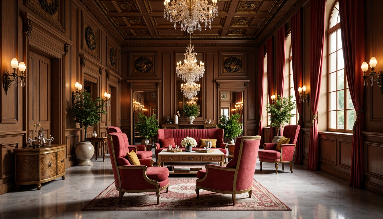 Prompt: Rich wood tones, ornate carvings, velvet upholstery, antique furniture pieces, intricate patterns, luxurious fabrics, crystal chandeliers, marble flooring, warm golden lighting, soft focus, shallow depth of field, 1/1 composition, classic color palette, elegant lines, refined textures, subtle ornamentation, sophisticated ambiance.