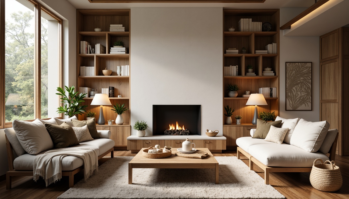 Prompt: Cozy living room, plush sofas, wooden coffee tables, soft cushions, warm floor lamps, minimalist decor, calming color schemes, functional storage units, ergonomic chairs, built-in shelving, comfortable reading nooks, natural textiles, woven baskets, rustic wood accents, abundant natural light, soft diffused lighting, 1/2 composition, intimate atmosphere.