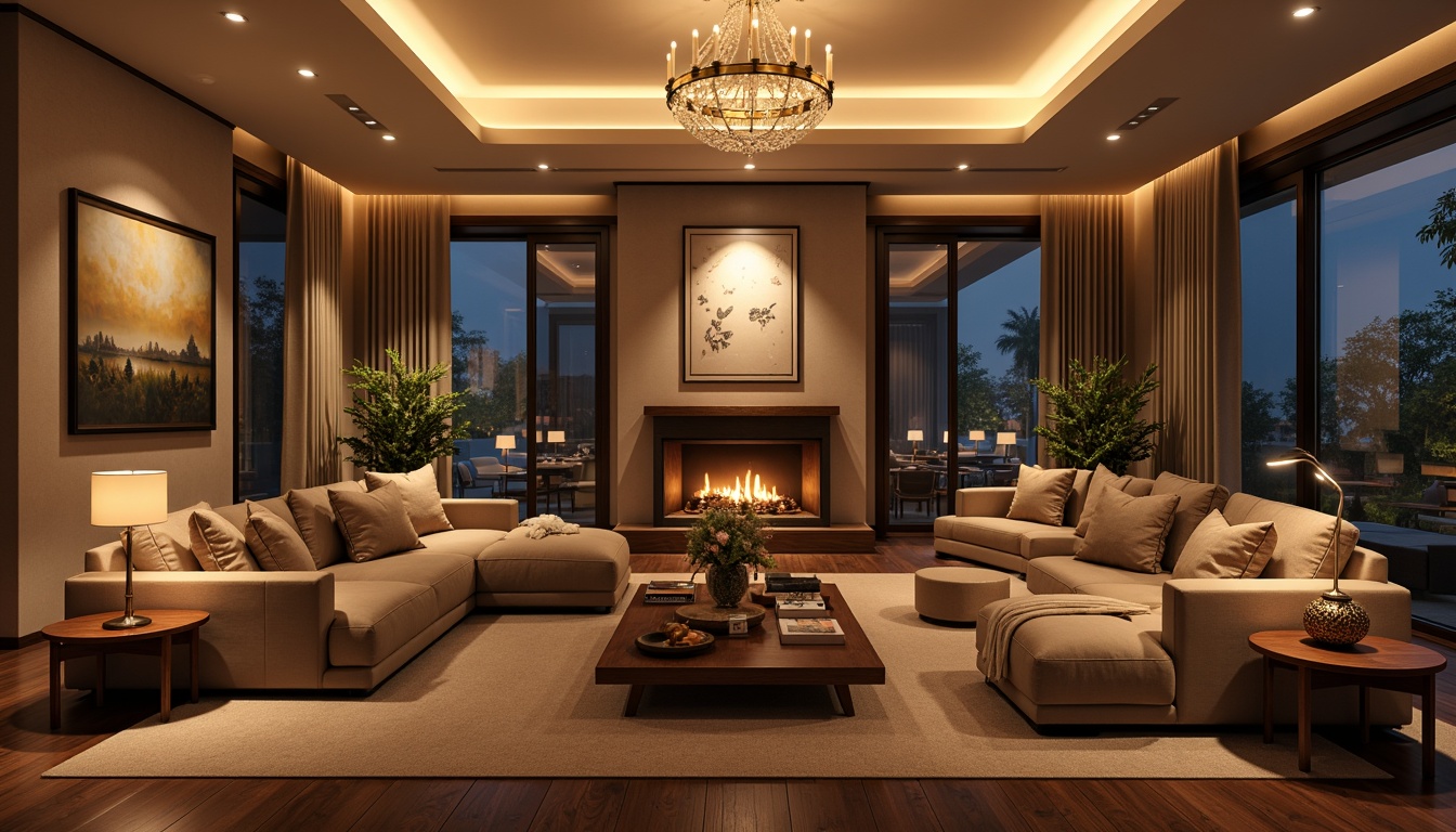 Prompt: Cozy living room, warm ambient lighting, soft glowing lamps, comfortable sofas, rich wood accents, earthy tone color palette, floor-to-ceiling windows, natural daylight, subtle shading, layered lighting design, warm beige walls, creamy white ceilings, elegant chandeliers, sophisticated pendant lights, atmospheric glow, intimate corner spaces, inviting reading nooks, plush area rugs, soft diffused light, 1/1 composition, realistic renderings.