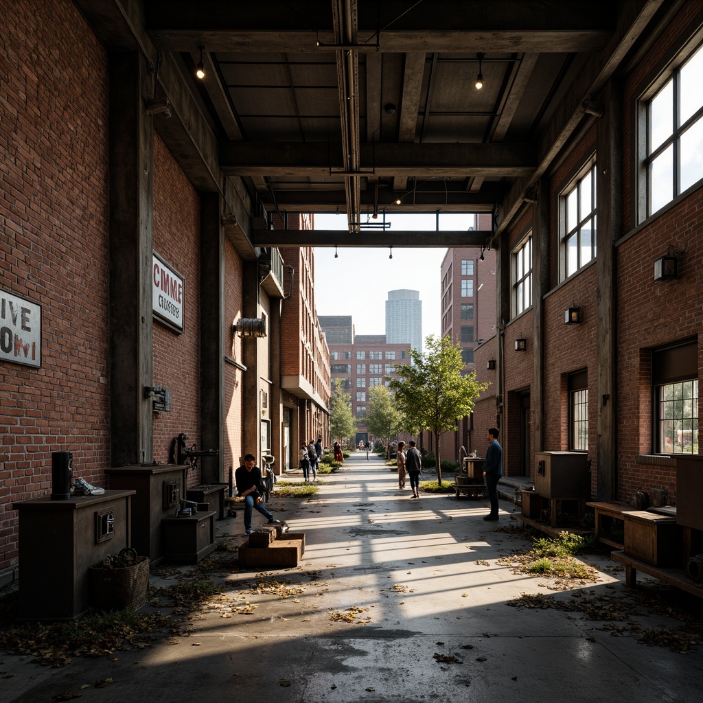 Prompt: Exposed brick walls, metal beams, reclaimed wood floors, industrial-style lighting fixtures, urban cityscape, abandoned factory backdrop, distressed concrete textures, rusty machinery parts, old manufacturing equipment, vintage signage, gritty urban atmosphere, dramatic shadows, high-contrast lighting, bold color palette, abstract geometric compositions, 1-point perspective, shallow depth of field, cinematic mood.