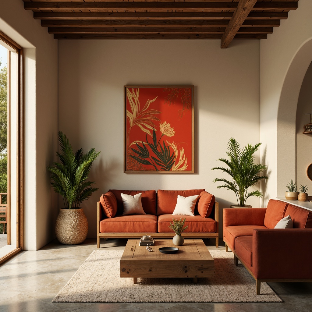 Prompt: Cozy living room, warm beige walls, rich walnut wood furniture, plush velvet sofas, soft golden lighting, natural stone floors, earthy terracotta accents, botanical greenery, vibrant coral artwork, eclectic decorative accessories, modern minimalist decor, airy open layout, subtle texture contrasts, 1/1 composition, dramatic shadows, realistic material reflections.