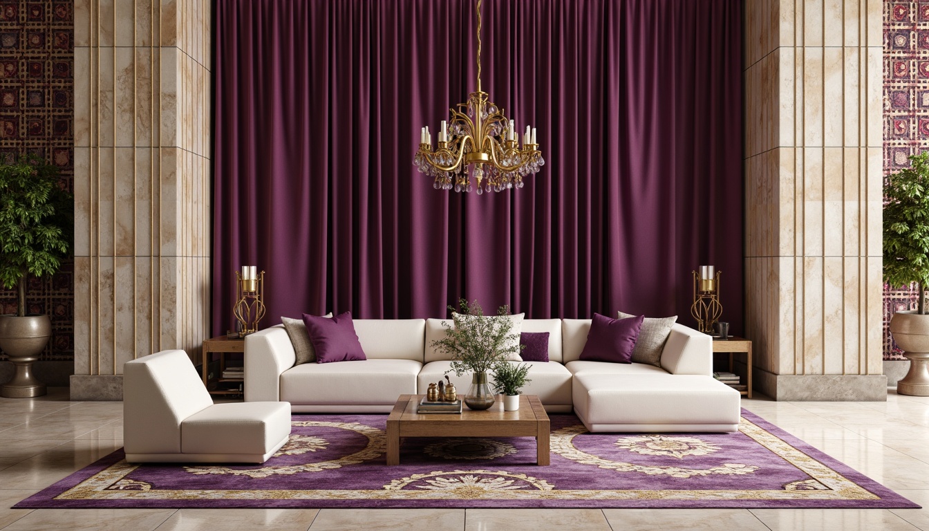 Prompt: Luxurious amethyst accents, rich velvet fabrics, ornate tile mosaics, warm beige stone walls, polished marble floors, metallic gold fixtures, soft ambient lighting, shallow depth of field, 1/1 composition, realistic reflections, intricate geometric patterns, lavish furniture upholstery, regal purple hues, creamy white textures, sophisticated modern architecture, elegant interior design.