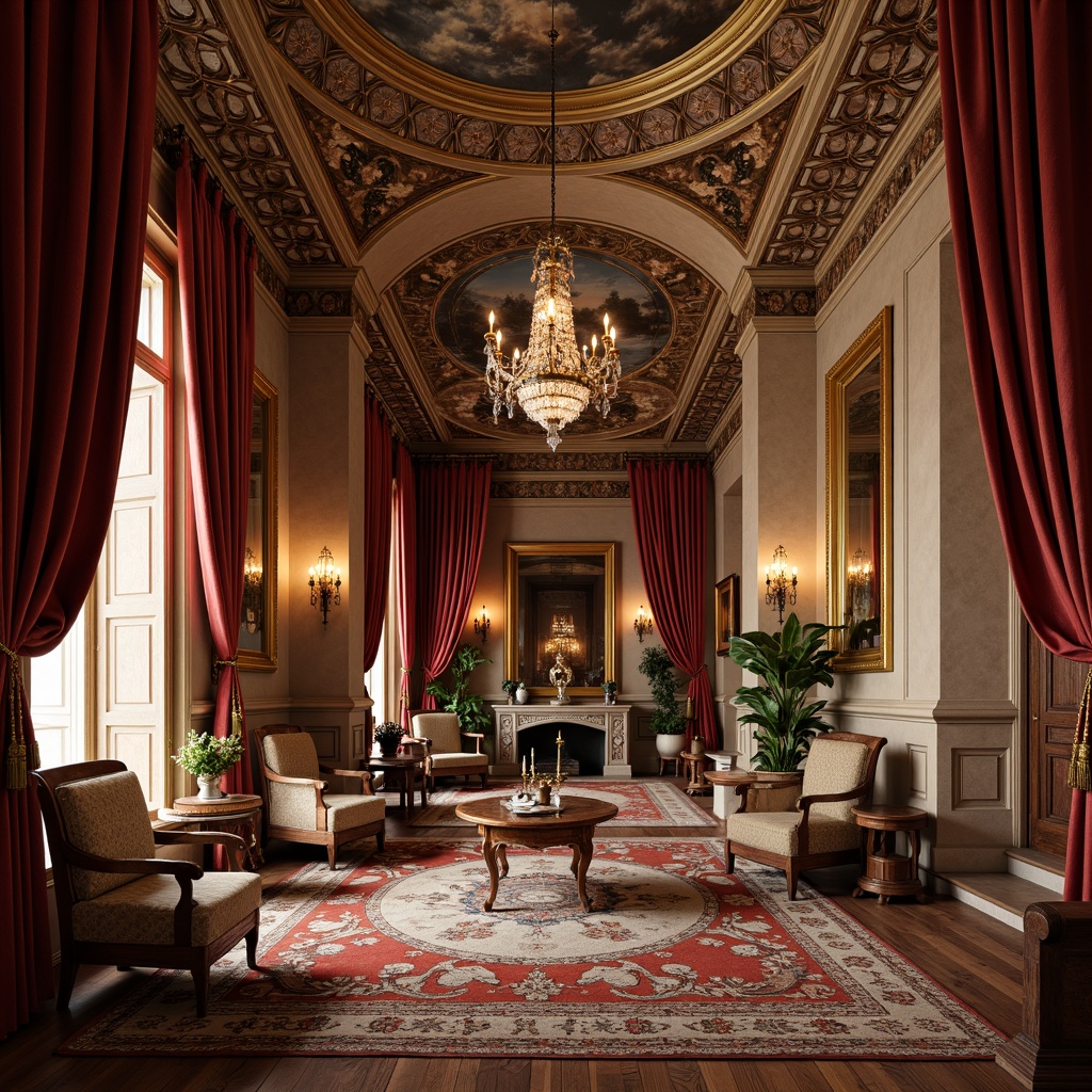 Prompt: Luxurious Renaissance-inspired interior, rich velvet drapes, intricate embroidery, ornate tapestries, lavish silk fabrics, golden thread accents, rustic wooden furniture, carved marble decorations, grand crystal chandeliers, soft warm candlelight, cozy fireplace nooks, frescoed ceilings, ornamental mirrors, vintage antique artifacts, warm beige stone walls, elegant curved lines, regal atmosphere, sophisticated color palette, 1/1 composition, shallow depth of field, realistic textures.