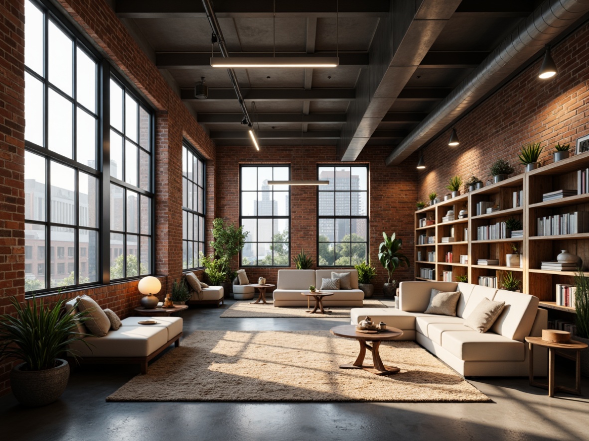 Prompt: Industrial chic loft, exposed brick walls, metal beams, polished concrete floors, minimal decor, cozy reading nooks, floor-to-ceiling windows, natural light pouring in, bright warm lighting, soft shadows, ambient glow, pendant lamps, track lights, recessed lighting, LED strips, frosted glass shades, minimalist fixtures, warm color temperatures, high ceilings, open space, modern furniture, plush area rugs, urban views, cityscape backdrop, realistic textures, subtle gradient effects.