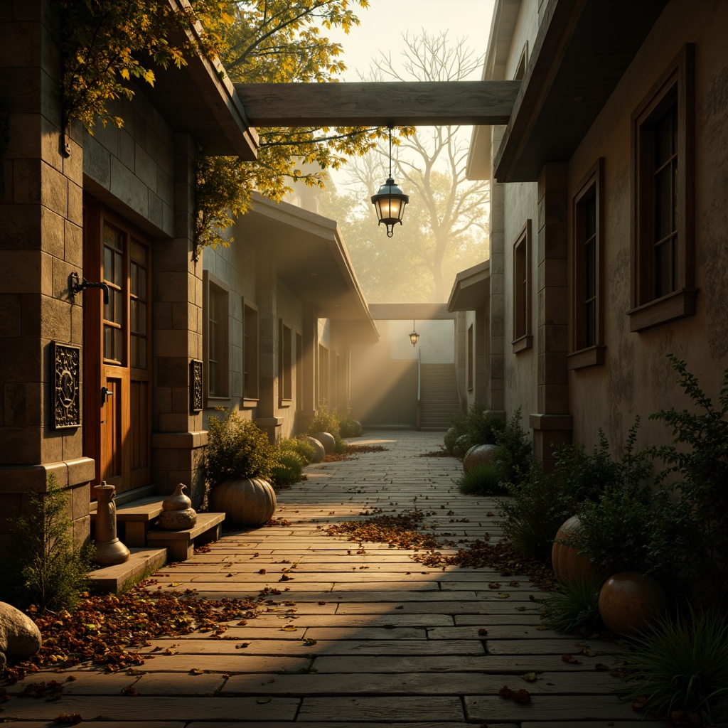 Prompt: Rustic wooden planks, distressed metal panels, rough-hewn stone walls, intricately carved ornaments, warm golden lighting, atmospheric mist, mysterious foggy atmosphere, cinematic composition, shallow depth of field, 2/3 rule, natural textures, ambient occlusion, subtle color grading.