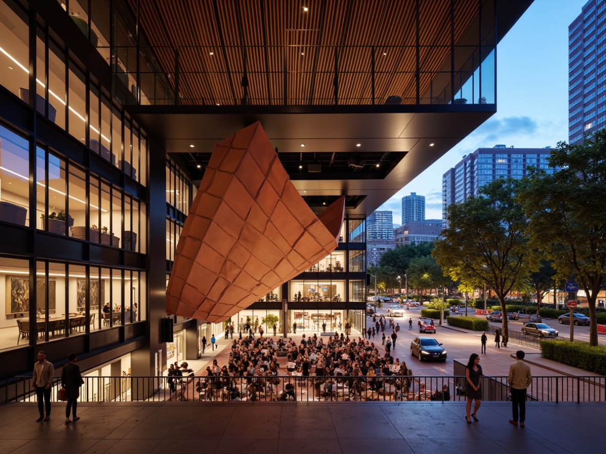 Prompt: Vibrant performing arts center, dynamic stage design, flexible seating arrangements, retractable orchestra pit, acoustic panels, soundproofing materials, modern architecture, glass fa\u00e7ade, natural light diffusion, urban cityscape, bustling streets, evening spotlight, warm color temperature, shallow depth of field, 1/1 composition, realistic textures, ambient occlusion, sleek metal railings, polished wooden floors, intimate audience setting, immersive experience, state-of-the-art sound systems, professional lighting rigs.