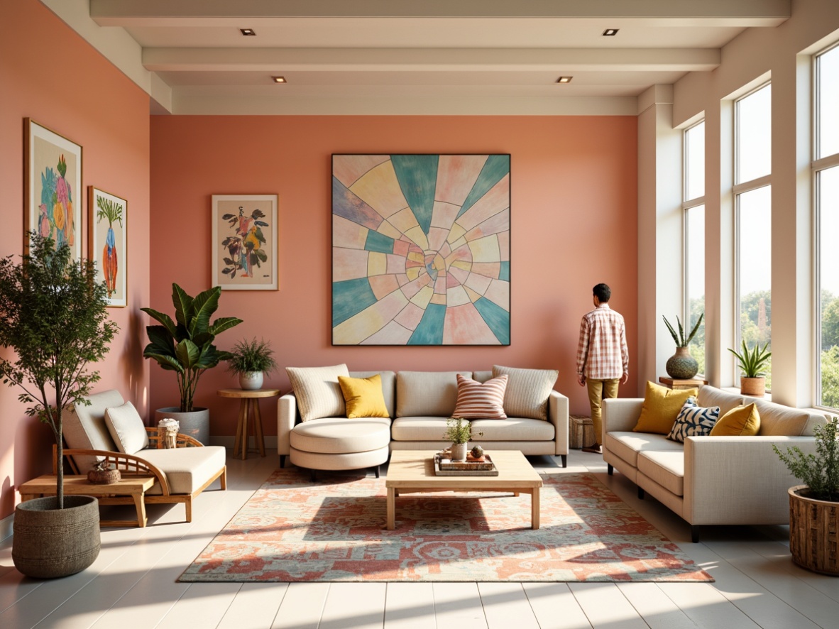 Prompt: Vibrant artistic studio, eclectic furniture, abstract paintings, pastel color scheme, soft peach walls, creamy white floors, natural wood accents, geometric patterns, bold brushstrokes, whimsical decorative pieces, floor-to-ceiling windows, diffused soft light, warm golden hour, 1/2 composition, intimate atmosphere, realistic textures, subtle ambient occlusion.