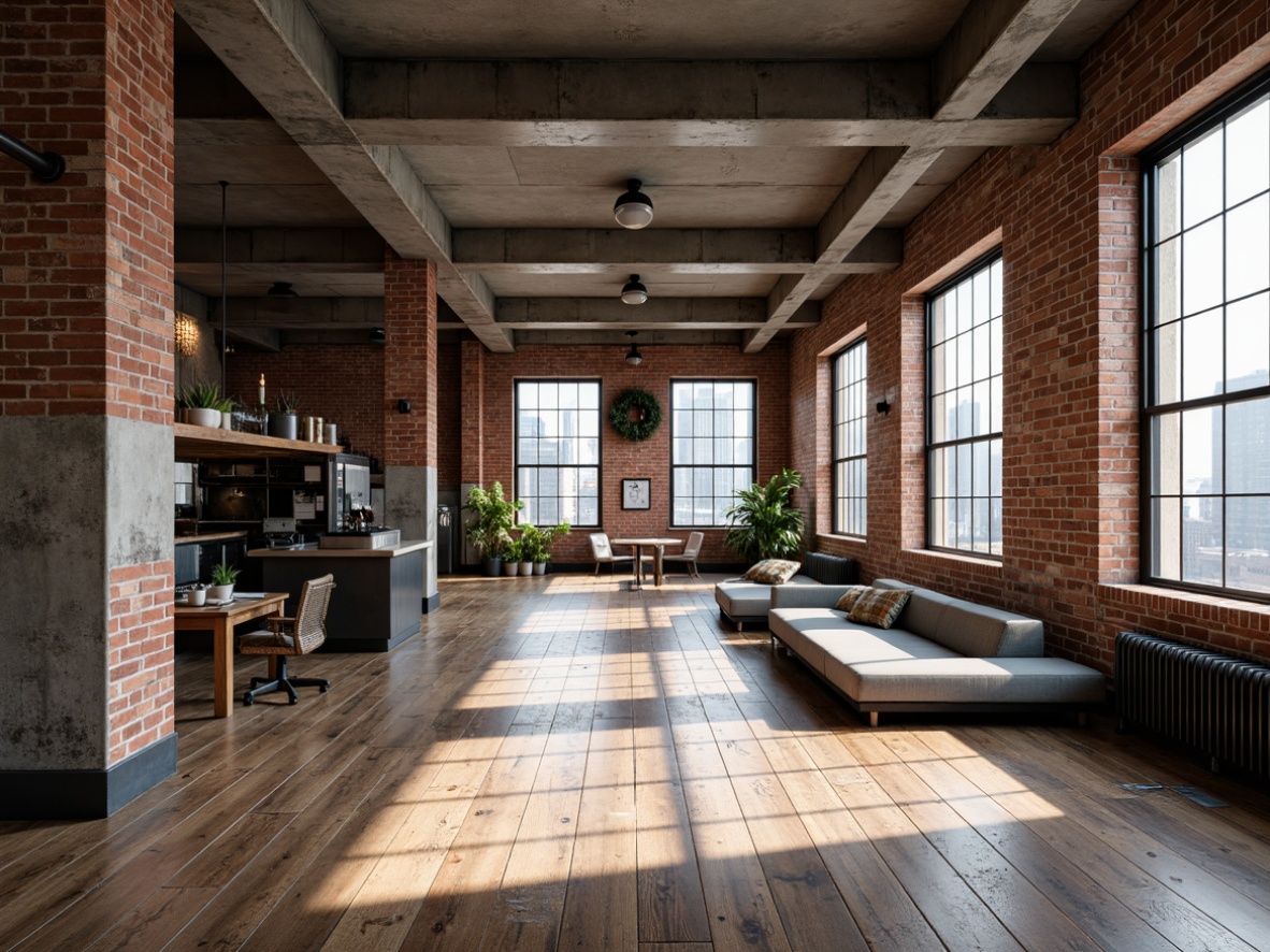 Prompt: Exposed brick walls, metal beams, reclaimed wood flooring, industrial-style lighting fixtures, concrete ceilings, urban loft atmosphere, vintage manufacturing equipment, distressed textures, neutral color palette, functional decor, minimalist furnishings, steel windows, exposed ductwork, cityscape views, morning sunlight, soft focus, shallow depth of field, 1/1 composition, realistic rendering, ambient occlusion.