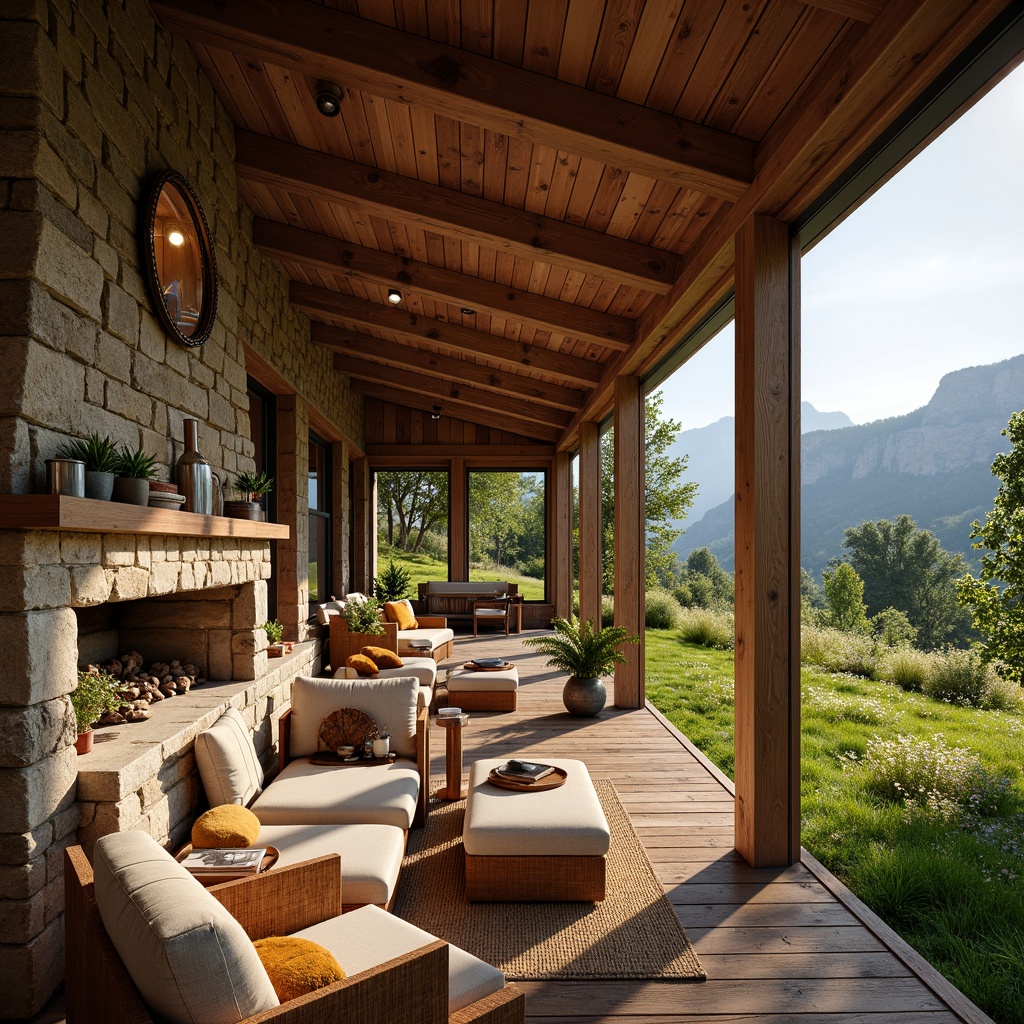 Prompt: Rustic wooden cabin, natural stone walls, earthy color palette, distressed wood accents, vintage metal decorations, cozy fireplace, plush furnishings, expansive windows, sliding glass doors, panoramic mountain views, lush greenery, wildflower meadow, warm sunny day, soft golden lighting, shallow depth of field, 1/1 composition, realistic textures, ambient occlusion.