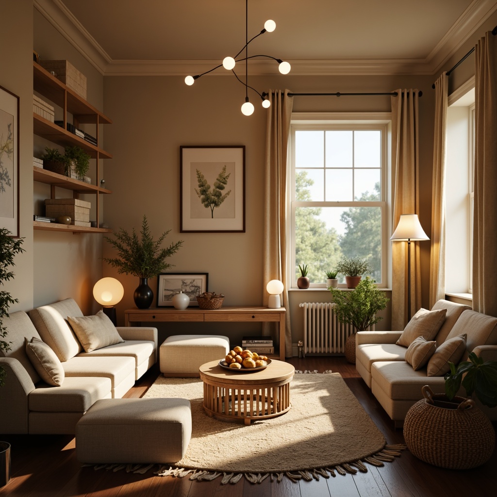 Prompt: Cozy living room, warm beige walls, plush furnishings, table lamps, floor lamps, softbox lighting, warm white LED lights, dimmable fixtures, minimalist chandeliers, natural textures, wooden accents, comfortable seating, intimate atmosphere, relaxing ambiance, afternoon sunlight, gentle shadows, 1/1 composition, shallow depth of field, realistic rendering.