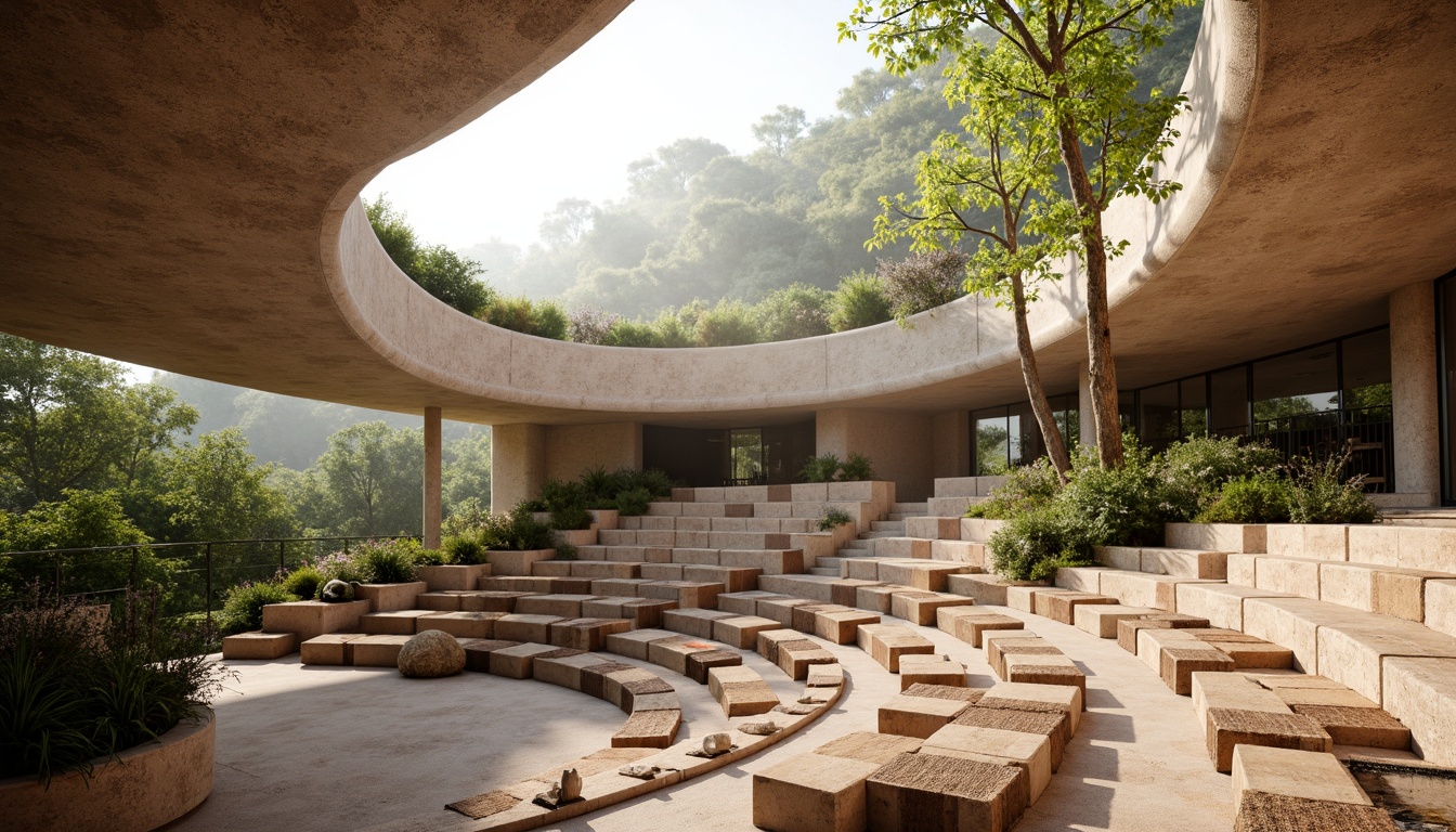 Prompt: Earthy amphitheater interior, reclaimed wood seating, natural stone walls, living green roofs, organic shape architecture, warm beige color palette, soft diffused lighting, minimalist decorative elements, woven fiber textiles, rustic metal accents, curved lines, open-air atmosphere, lush surrounding foliage, misty morning light, shallow depth of field, 1/2 composition, realistic material textures, subtle ambient occlusion.