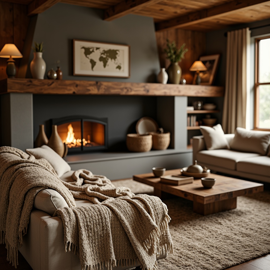 Prompt: Cozy living room, plush throw blankets, soft velvet sofa, warm beige carpet, natural wood accents, crackling fireplace, comfortable seating, ambient warm lighting, rustic wooden coffee table, woven wicker baskets, earthy tone ceramics, vintage-inspired textiles, chunky knitted throws, faux fur rugs, inviting atmosphere, shallow depth of field, 1/1 composition, realistic textures, soft focus.