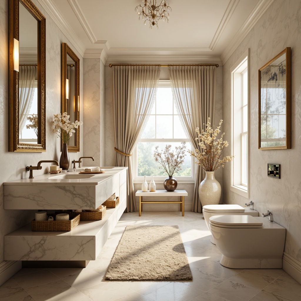 Prompt: Glamorous powder room, sleek modern furniture, polished chrome fixtures, soft warm lighting, shallow depth of field, 1/1 composition, luxurious marble countertops, ornate golden mirrors, delicate lace curtains, lavish flower arrangements, scented candles, plush area rugs, creamy white walls, subtle texture overlays, atmospheric misting effects.