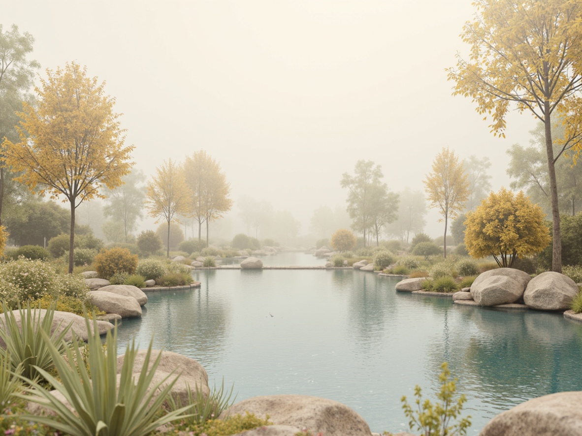 Prompt: Soft pastel hues, calming atmosphere, serene natural scenery, gentle water features, lush greenery, blooming flowers, warm beige tones, creamy whites, soothing blues, muted earthy shades, subtle texture contrasts, delicate patterns, elegant typography, refined golden accents, soft gradient transitions, minimalist composition, 1/1 aspect ratio, warm lighting, shallow depth of field.