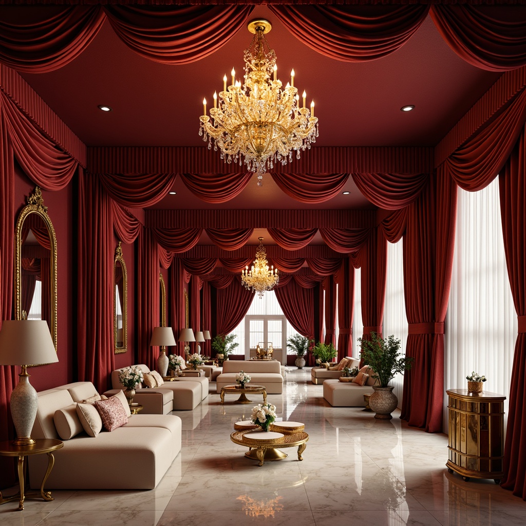 Prompt: Luxurious event space, rich jewel tones, deep berry reds, metallic gold accents, soft cream whites, lavish velvet drapes, ornate chandeliers, polished marble floors, elegant candelabras, warm golden lighting, shallow depth of field, 1/1 composition, realistic textures, ambient occlusion.