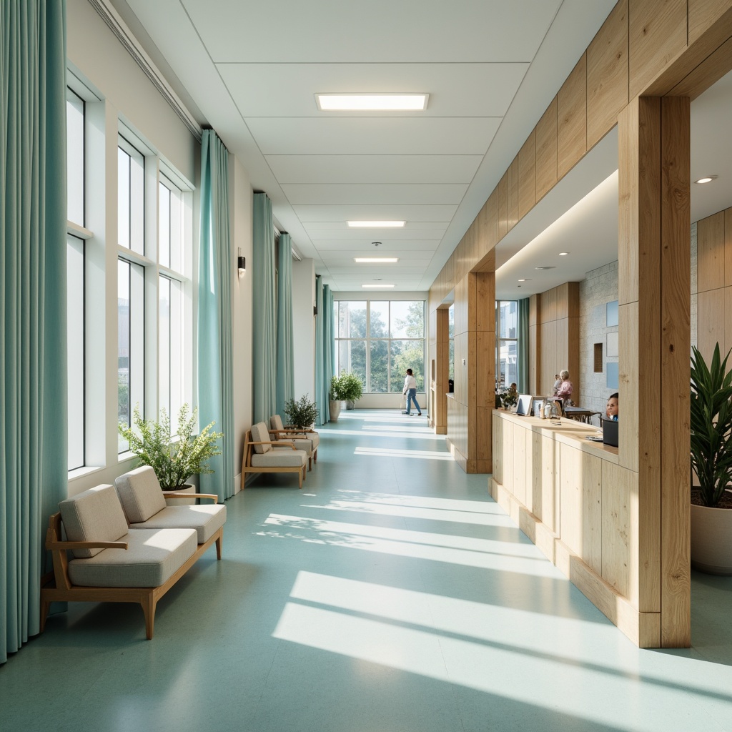 Prompt: Calming hospital interior, soothing color scheme, pastel shades, gentle blues, soft whites, creamy beiges, pale greens, warm wood tones, natural stone accents, subtle texture contrasts, ambient lighting, diffused shadows, 1/2 composition, harmonious atmosphere, realistic materials, serene ambiance.