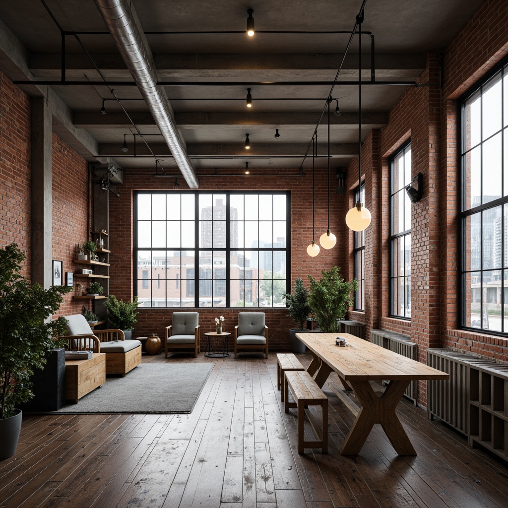 Prompt: Exposed brick walls, metal beams, reclaimed wood floors, industrial-style lighting fixtures, distressed concrete textures, urban cityscape views, converted warehouse architecture, minimalist decor, functional pipe shelving, Edison bulb pendant lights, neutral color palette, high ceilings, open floor plans, modern minimalist furniture, steel windows, urban loft atmosphere, soft natural light, shallow depth of field, 3/4 composition.