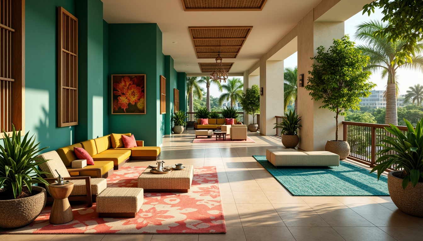 Prompt: Vibrant tropical hotel lobby, lush green walls, warm beige floors, exotic wooden accents, colorful coral-inspired furniture, natural woven textiles, refreshing aqua-blue hues, sunny yellow accents, soft peach tones, ocean-inspired blues, palm tree silhouettes, intricate floral patterns, ambient warm lighting, shallow depth of field, 1/1 composition, realistic textures, ambient occlusion.