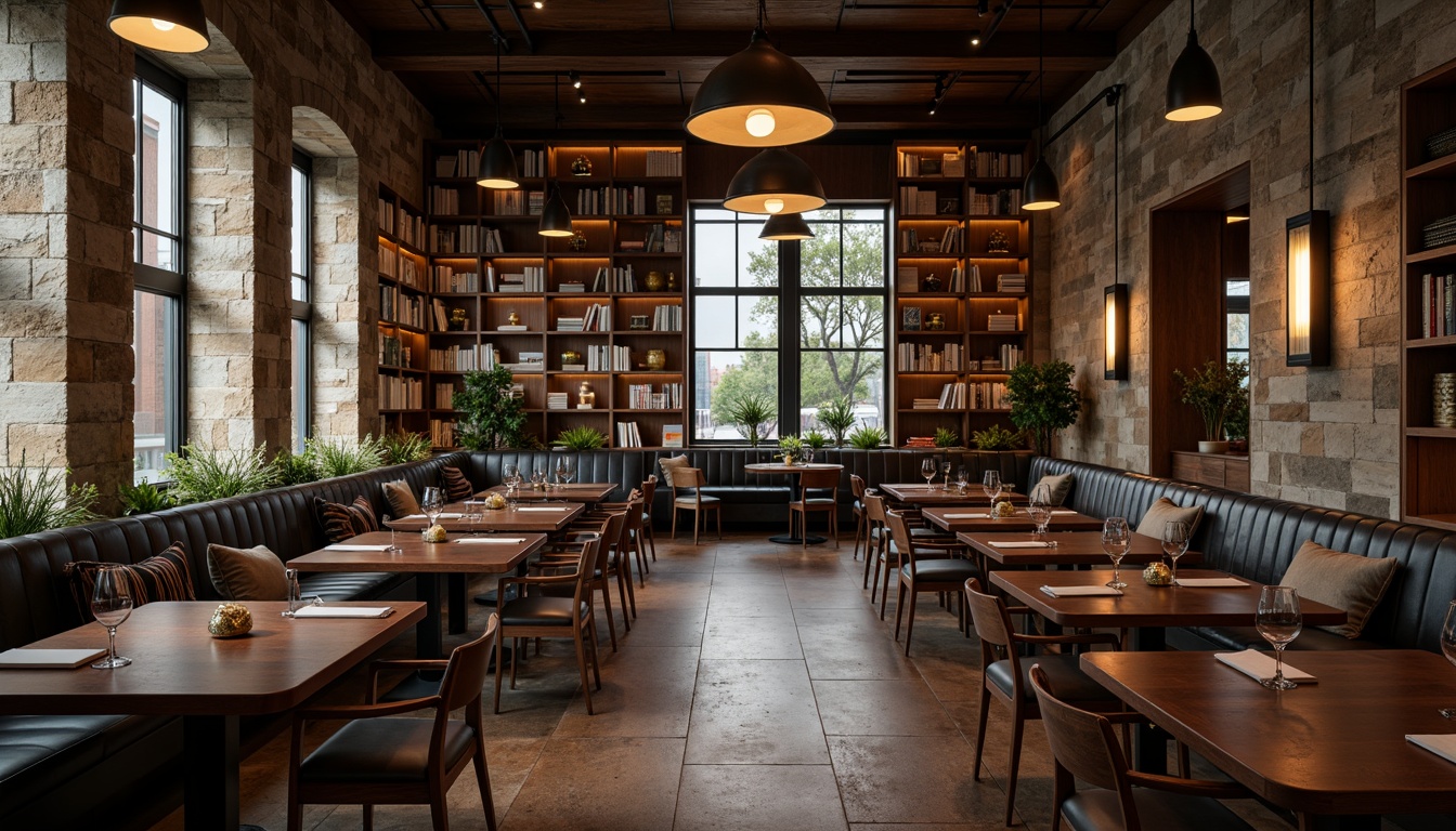 Prompt: Elegant academic restaurant, dark wood accents, rich leather upholstery, classic wooden chairs, vintage metal tables, warm pendant lighting, rustic stone walls, modern minimalist decor, sleek glass partitions, comfortable booths, cozy reading nooks, eclectic bookshelves, subtle color palette, natural materials, sophisticated ambiance, warm inviting atmosphere, soft background music, 1/2 composition, shallow depth of field, realistic textures, ambient occlusion.