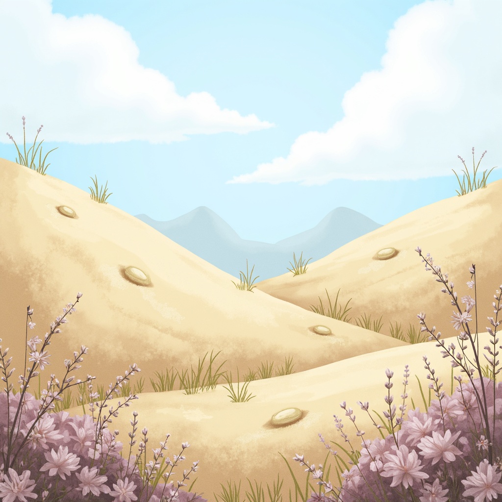 Prompt: Soft pastel hues, calming atmosphere, serene landscape, gentle hills, blooming wildflowers, warm sunny day, creamy whites, pale blues, mauve accents, earthy tones, natural textures, organic shapes, hand-painted style, whimsical feel, dreamy quality, ethereal lighting, shallow depth of field, 2/3 composition, intimate view.