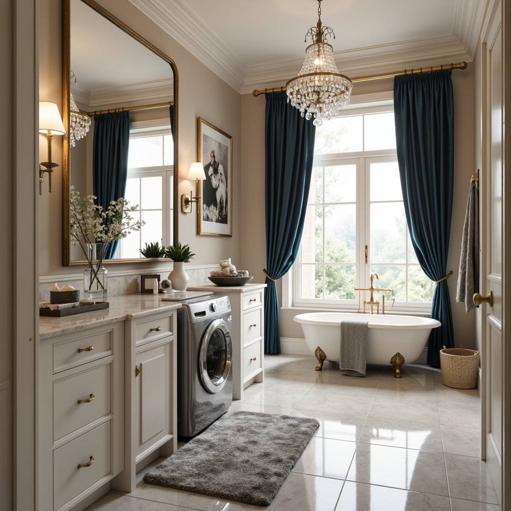 Prompt: Elegant laundry room, soft creamy whites, warm beige tones, rich charcoal grays, deep navy blues, metallic chrome accents, marble countertops, high-gloss cabinetry, crystal chandeliers, plush area rugs, velvety drapes, ornate gold fixtures, spa-inspired ambiance, calming natural light, subtle gradient lighting, 1/2 composition, shallow depth of field, realistic reflections, ambient occlusion.