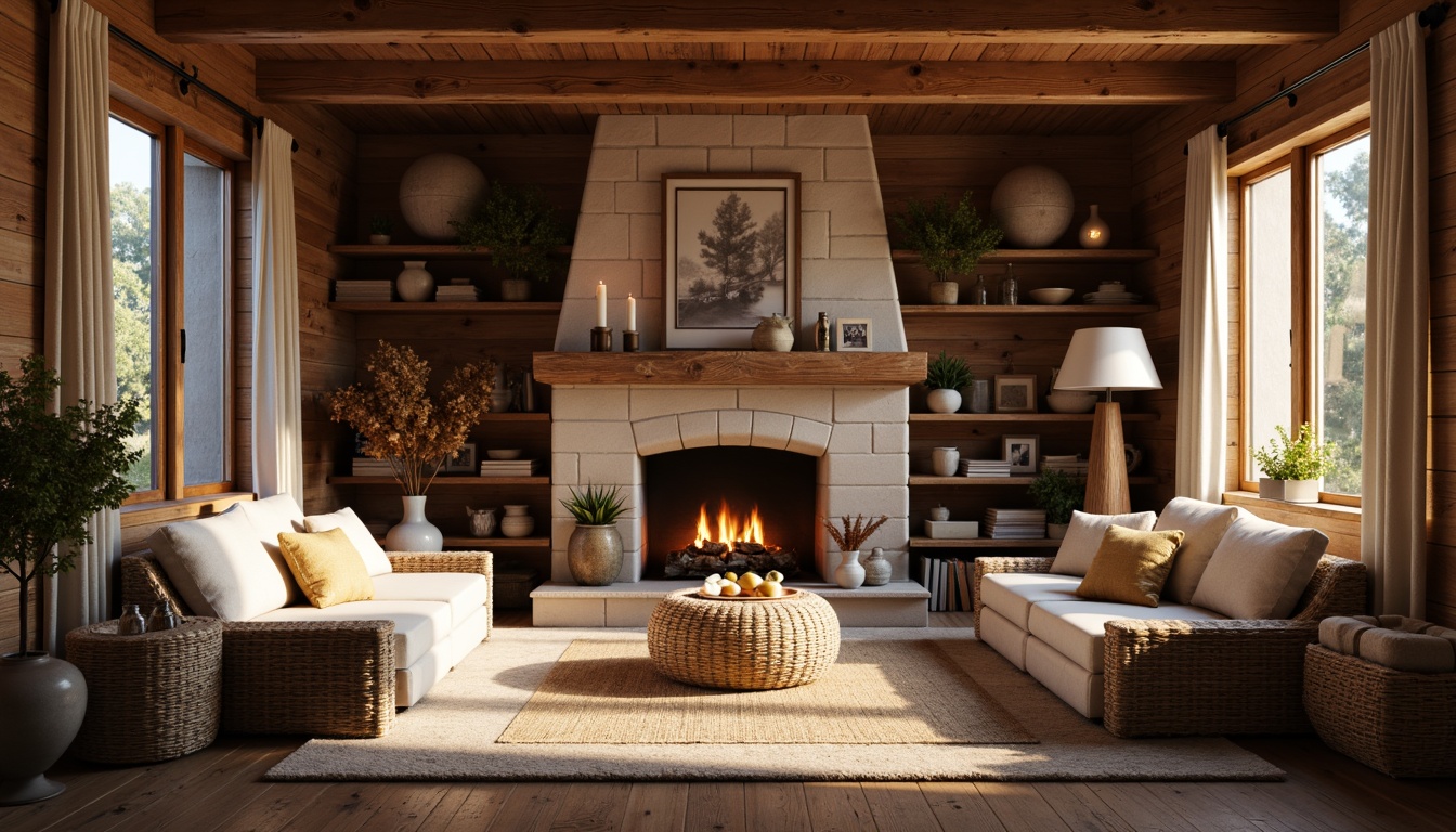 Prompt: Cozy cabin, rustic wooden walls, earthy stone fireplace, plush throw blankets, woven wicker furniture, soft candlelight, warm beige tones, natural fiber rugs, vintage distressed finishes, organic shapes, inviting nooks, autumnal color palette, morning sunlight, shallow depth of field, 1/2 composition, realistic textures, ambient occlusion.