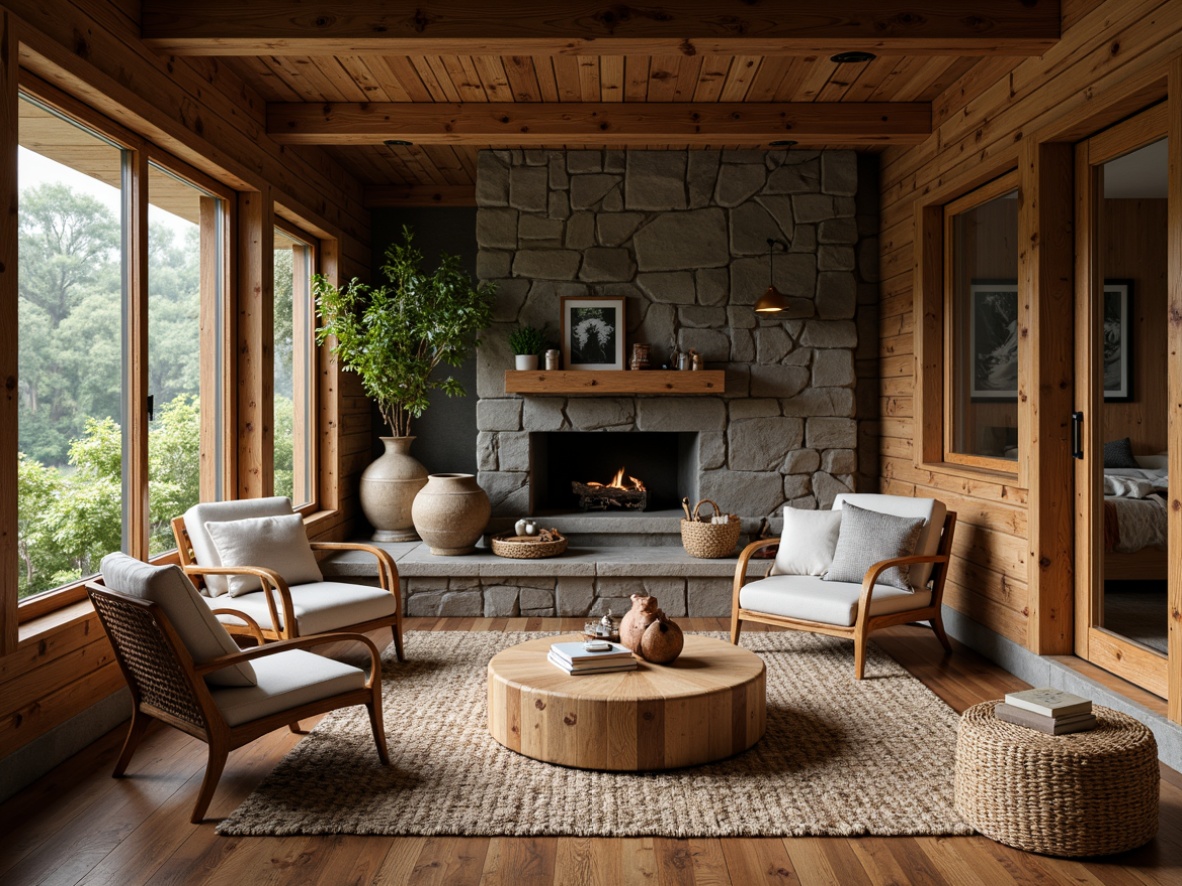 Prompt: Earthy cabin, reclaimed wood accents, stone fireplace, woven rattan furniture, jute rug, organic cotton upholstery, natural fiber textiles, earthy color palette, warm cozy ambiance, soft diffused lighting, shallow depth of field, 1/1 composition, realistic textures, ambient occlusion, serene forest surroundings, misty morning atmosphere, subtle shadows.