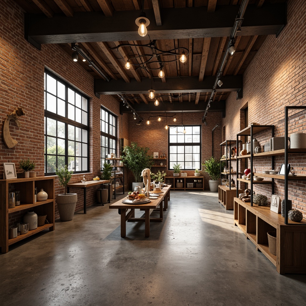 Prompt: Industrial chic store interior, exposed brick walls, polished concrete floors, reclaimed wood accents, metal beams, Edison bulb lighting, minimalist shelving units, geometric display racks, rustic wooden crates, vintage decorative items, earthy color palette, warm atmospheric lighting, shallow depth of field, 1/1 composition, realistic textures, ambient occlusion.