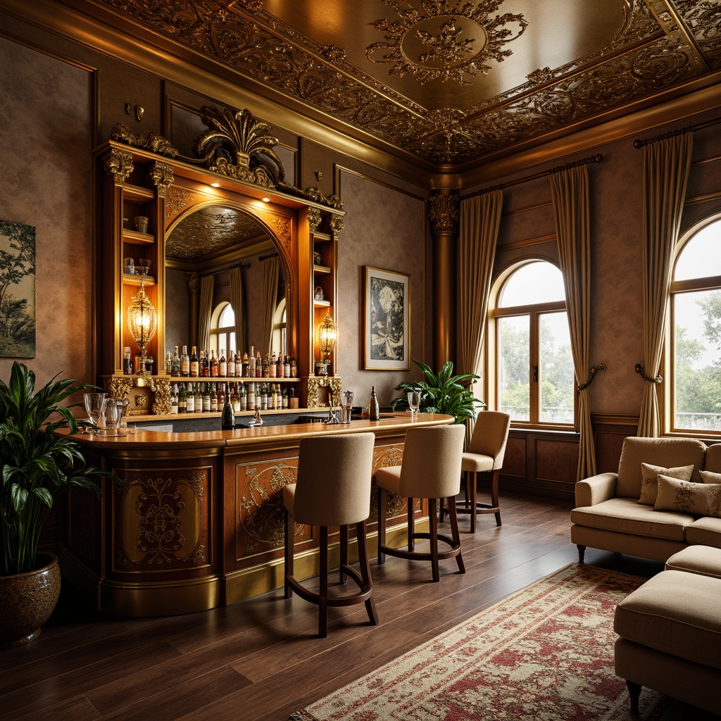 Prompt: Luxurious home bar, Art Nouveau style, ornate mirrors, metallic accents, rich wood tones, velvet drapes, intricate patterns, botanical motifs, flowing curves, organic shapes, warm golden lighting, ambient shadows, textured walls, decorative moldings, antique fixtures, vintage posters, luxurious fabrics, patterned rugs, statement furniture pieces, eclectic decor, cozy atmosphere, intimate seating areas, warm beige colors, sophisticated ambiance.